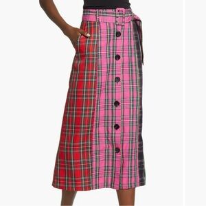 English Factory Red and Pink Plaid Midi Skirt